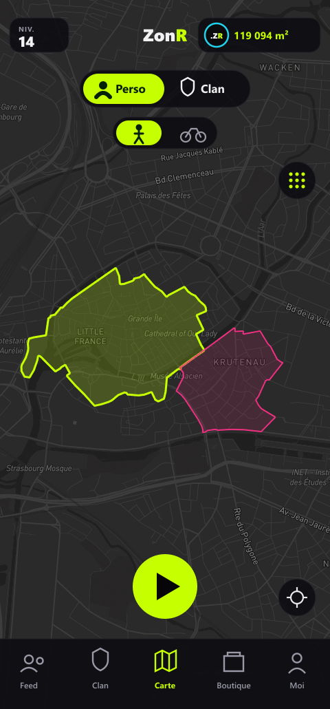 La carte ZonR : ta zone lime et la zone magenta d'un rival