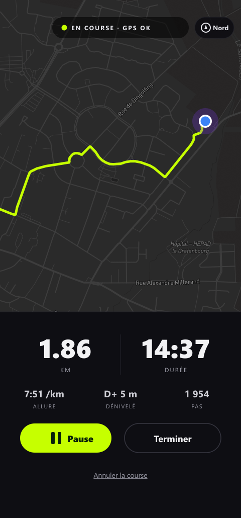 L'écran de course en direct : tracé, distance, durée, allure